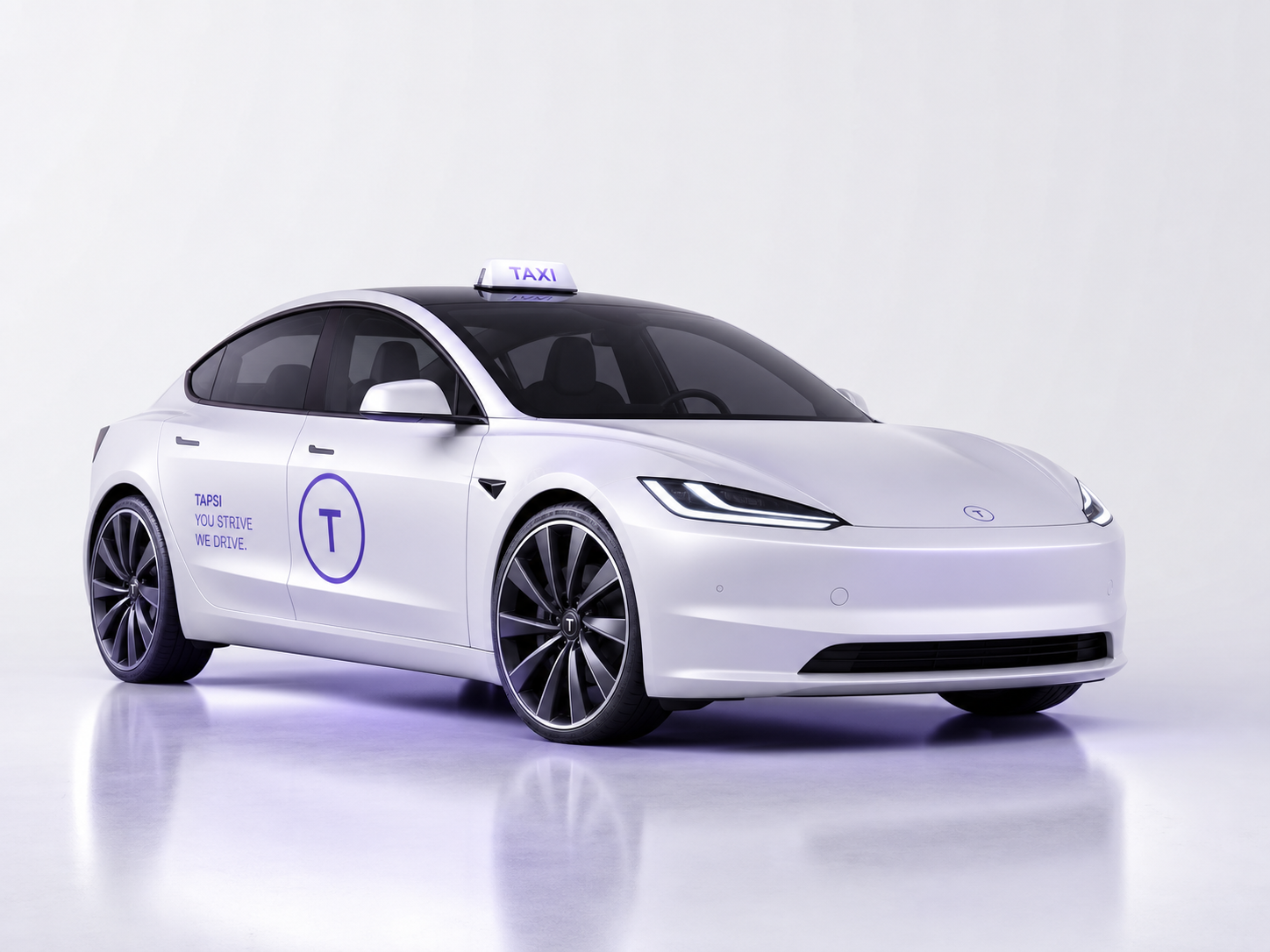 White electric taxi sedan in a clean studio