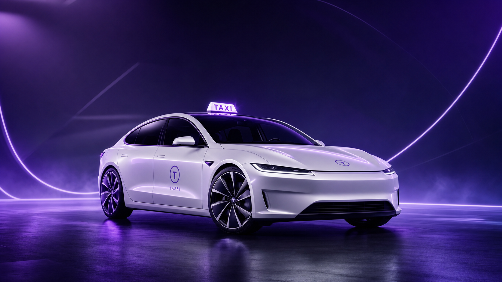 White futuristic taxi sedan in a purple cinematic studio